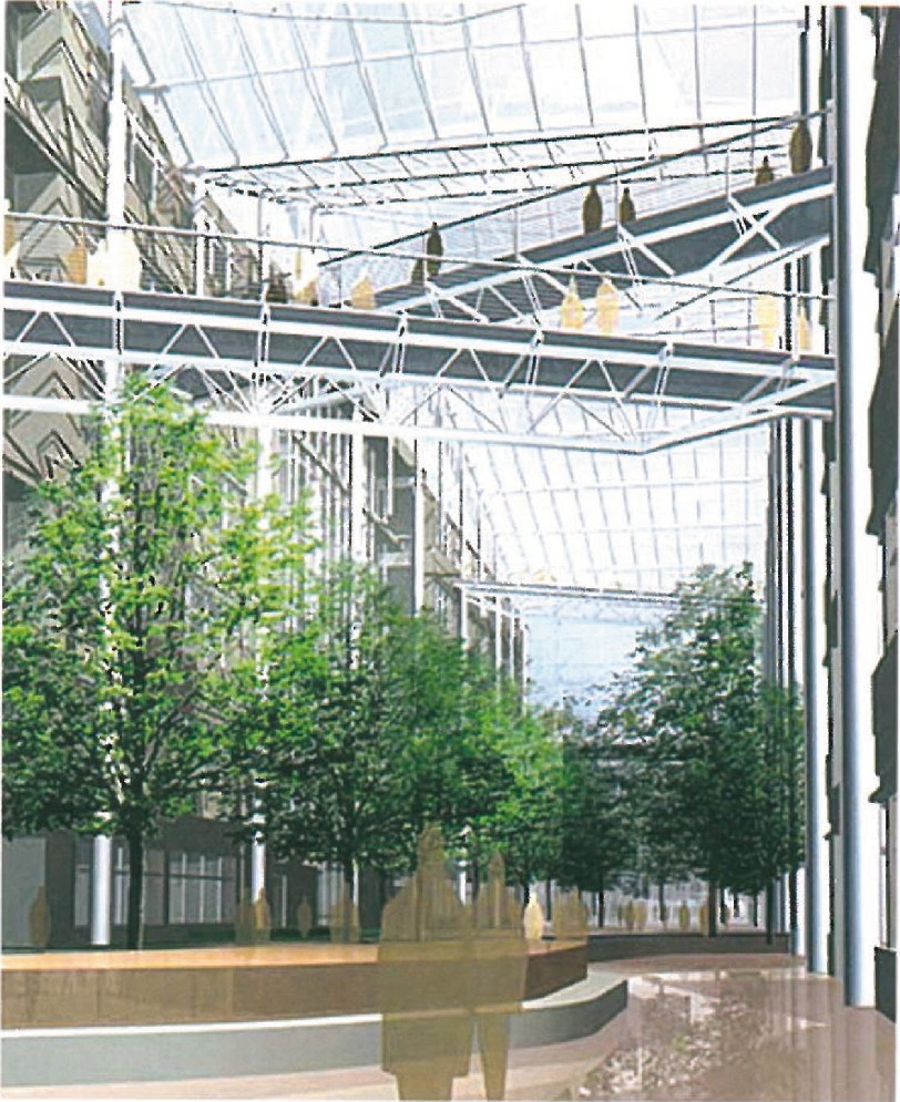 Third-place scheme by Koetter, Kim and Associates: interior render of the glazed central atrium, with mature trees planted in the floor and an exposed steel truss roof above.