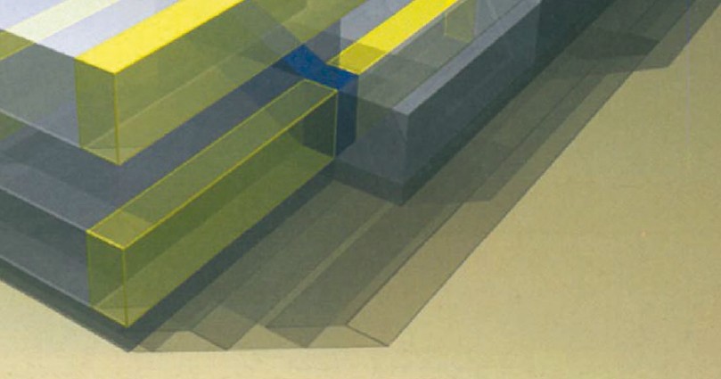 Stage 05 axonometric of the Pardis Technology Park scheme showing yellow circulation cores threading through the three cube volumes — vertical stair shafts meeting horizontal pedestrian access.