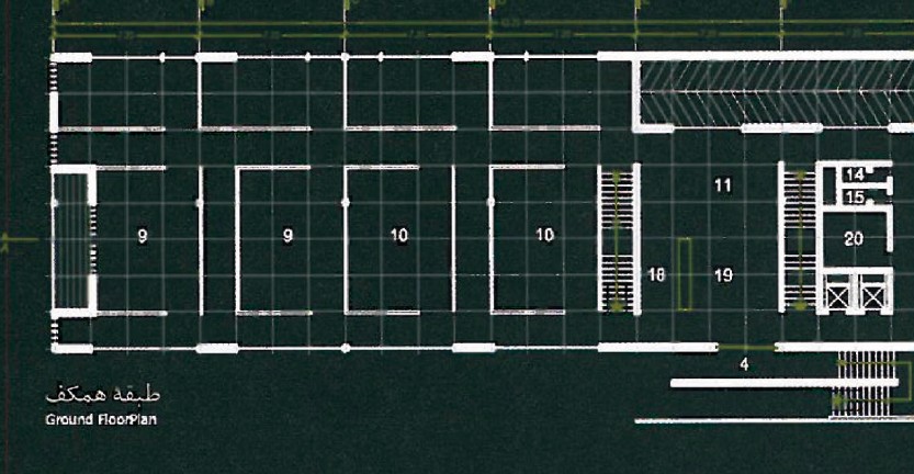 Ground-floor plan of the Pardis Technology Park building — a long rectangular floorplate divided into work bays with stair cores on the right.