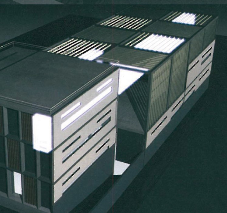 3D render of the Pardis Technology Park from above — three rectangular cube volumes set side-by-side with skylit roofs and connecting open circulation between them.