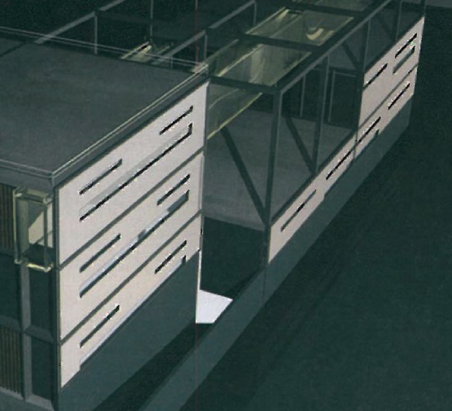 3D render of the Pardis Technology Park courtyard between two cube volumes — rhythmic horizontal slits in the white wall surfaces, a glass-roofed connector at the upper level.
