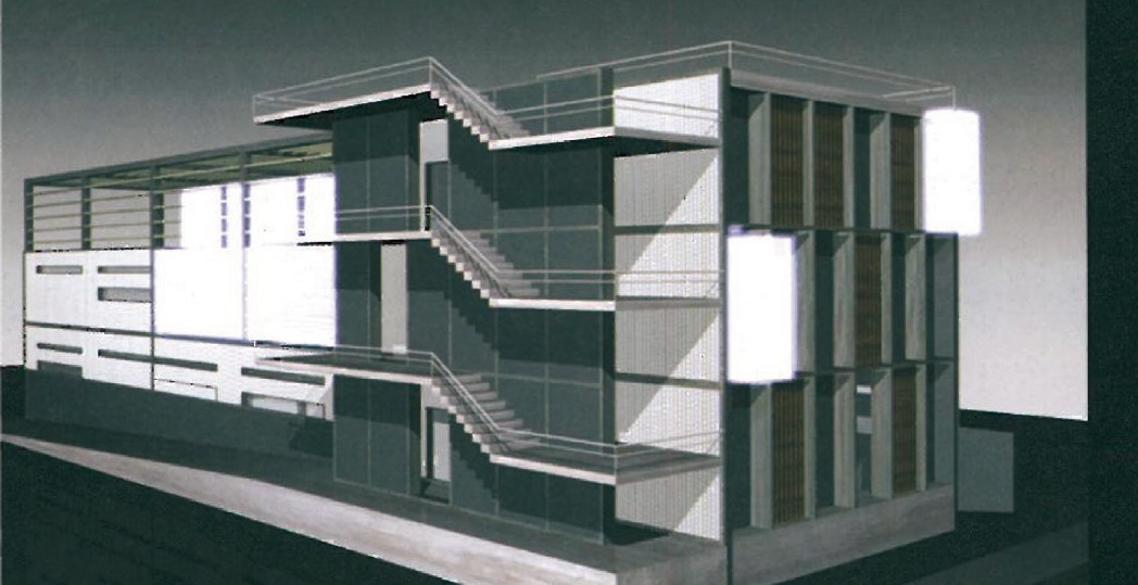 3D render of the Pardis Technology Park building on a dark background — cantilevered metal stair tower at the south end with lit interior volumes and rhythmic slat facades.