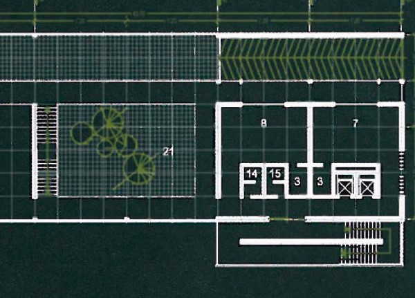 Roof plan of the Pardis Technology Park showing the green roof terrace at left with seven circular tree-planters and the supporting structure to the right.