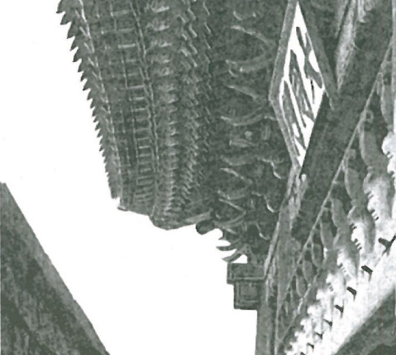 Carved-wood roof brackets of a building in Hung Jang, Korea