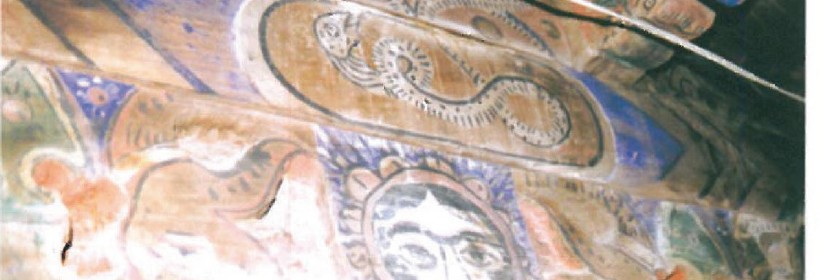 Polychrome carved-wood beam ends shaped like dragons and lions at the Kijatekiyeh in Iran