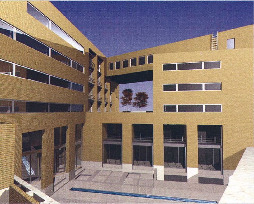 Inner courtyard with reflecting pool of the 1st-place Padiav Parth proposal — yellow stone walls flanking a still water surface