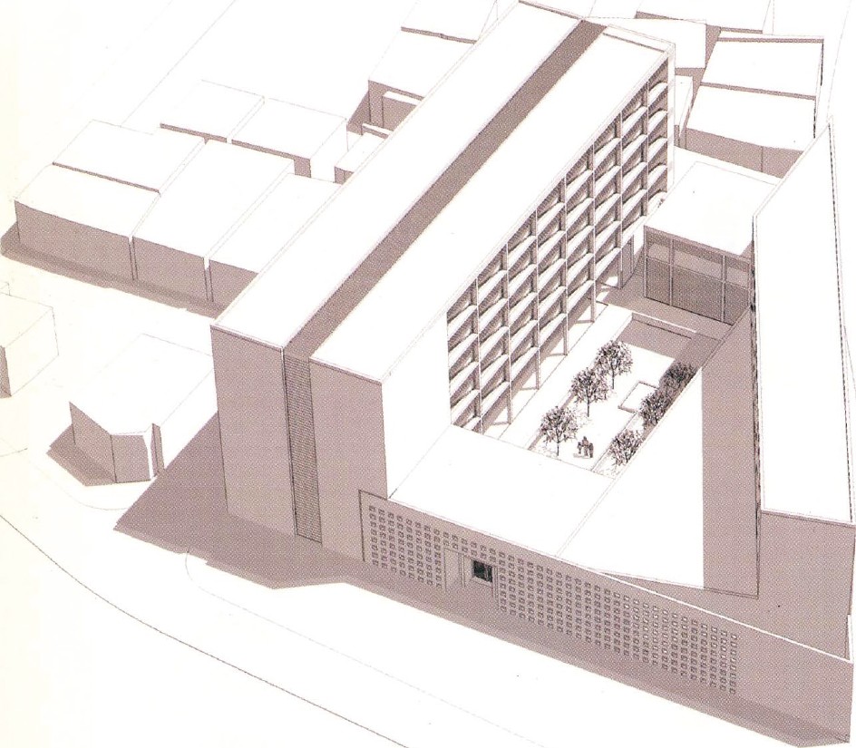 3D model render of the 2nd-place Parsan / Dayereh proposal: triangular plan around a central courtyard with a roof terrace cut into the stepped massing