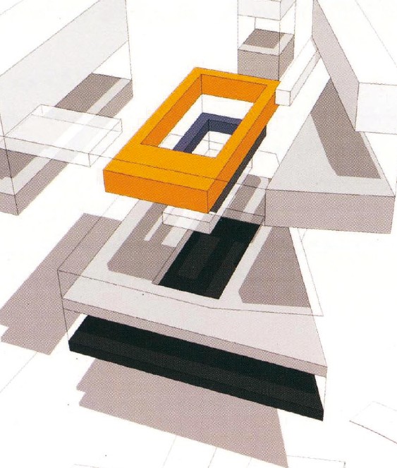 Exploded axonometric of the 2nd-place Parsan / Dayereh courtyard: orange highlight volume floating above the layered triangular stack of slabs