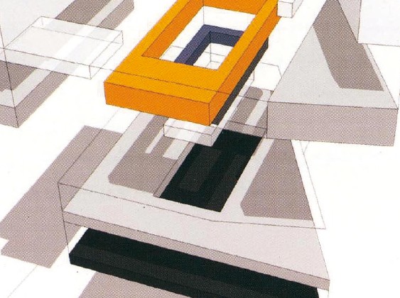Longitudinal section drawing of the 2nd-place Parsan / Dayereh proposal — uniform floor stacking with a tall central atrium