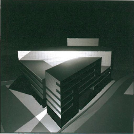 3D model render of the 3rd-place Bon Sar / Majidi proposal at night — angular massing with sharp white planes lit from within