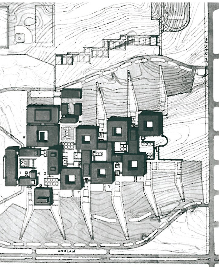 Site plan for Pima County Community College in Tucson by Caudill Rowlett Scott with Friedman Jobusch Wilde (1967) — six self-contained 'houses' clustered along a ridge, with a central public spine of faculty and shared facilities to the west.