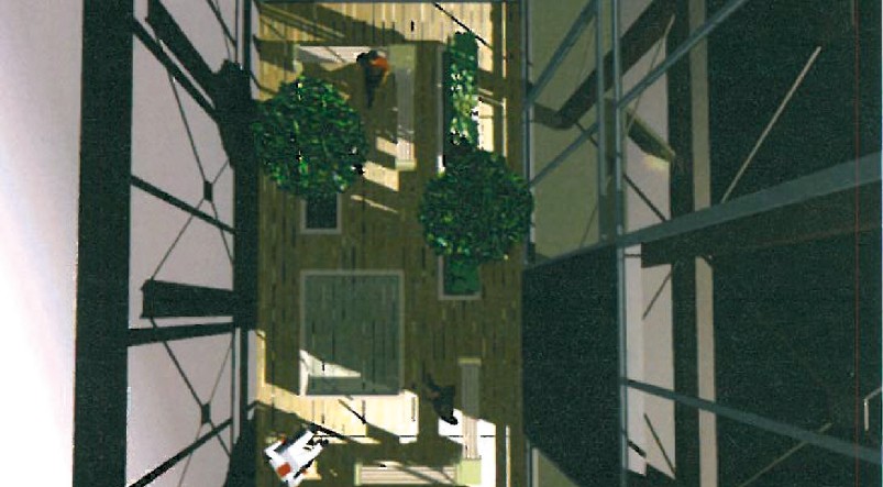 View into one of the four corner courtyards from above, with wood decking, planters and the X-braced glass enclosure