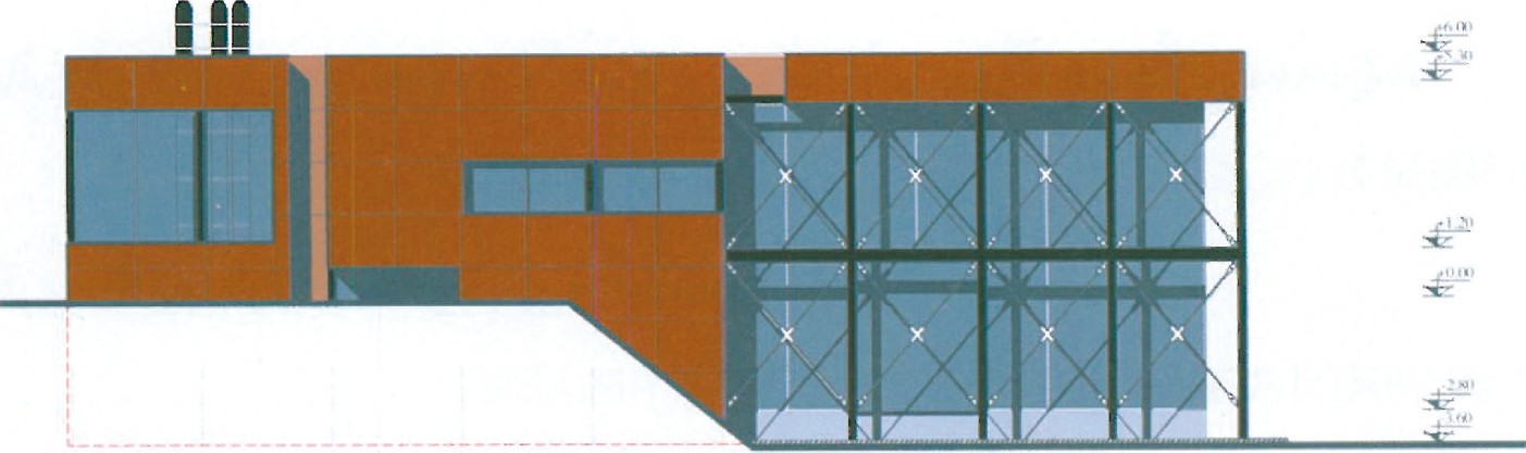 Building Elevation 1: orange-clad wall flanking a glazed, X-braced courtyard wall, with two horizontal blue spandrel bands