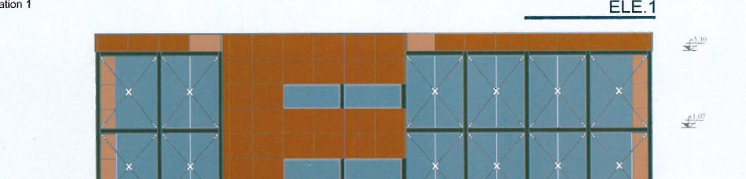 Building Elevation 3: orange-clad wall flanking a glazed, X-braced courtyard wall, with two horizontal blue spandrel bands