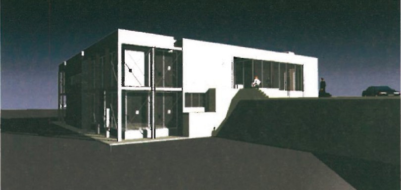 North-west 3D render of the P.U.05 office building at dusk