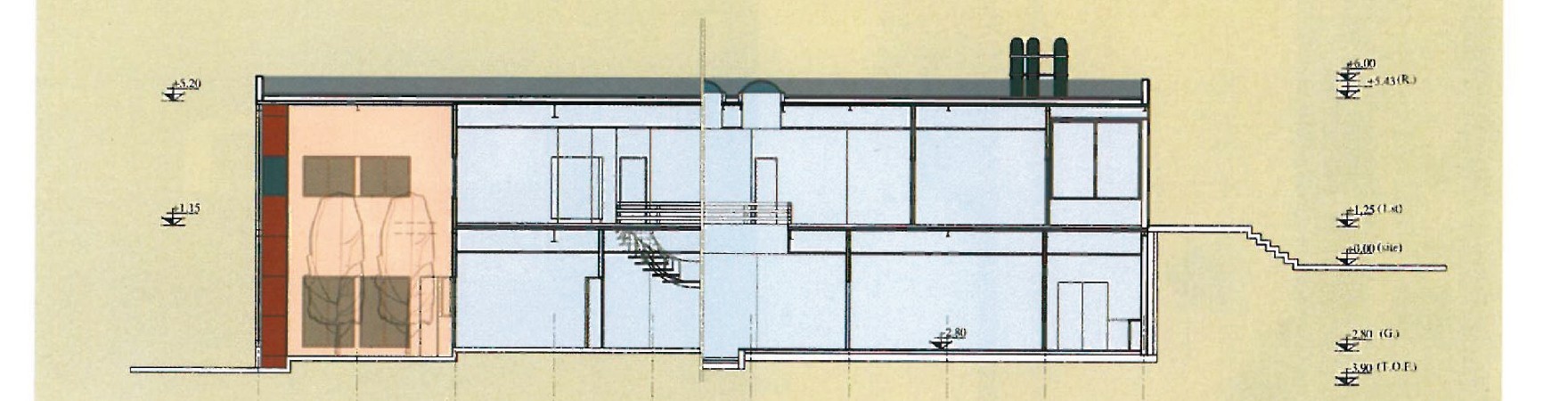 Section A-A through the P.U.05 office building showing the double-height interior and the dimensioned facade composition