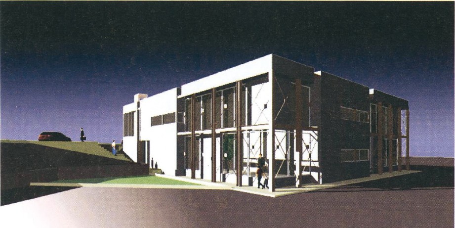 South-west 3D render of the P.U.05 office building at dusk