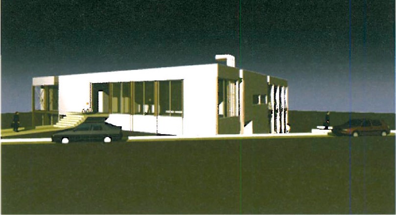 Eye-level 3D render of the south-west corner of the P.U.05 office, with cars and pedestrians at the entrance