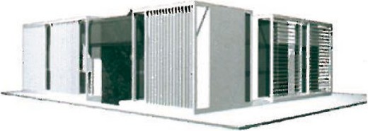 Small 3D render of the Fara Afrand research building viewed from the south-east — louvred cube volumes connected by recessed circulation passages.