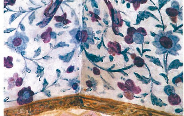 Painted ceiling fragment from the Qajar period: branches with leaves and flowers in pink, white and gold