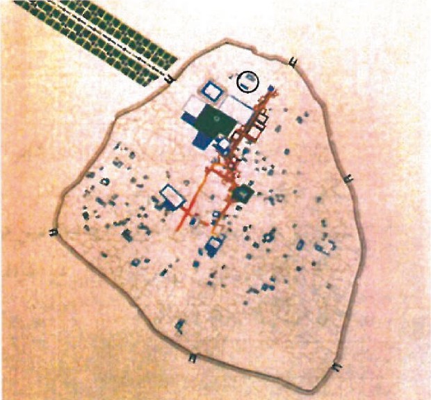 Map showing the location of the Tribunal building inside the historic city of Shiraz during the Qajar period