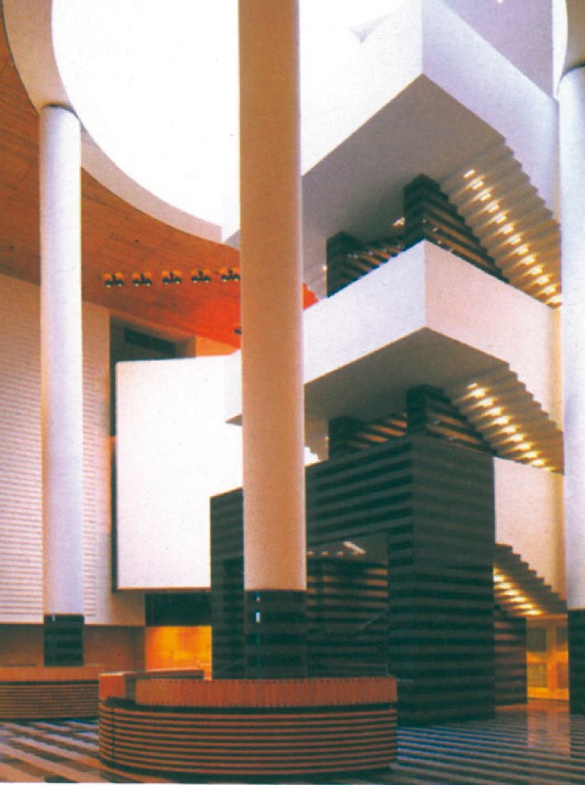 Mario Botta's Museum of Modern Art in San Francisco: striped marble cylinder skylight rising over the central stair as a graphic sign
