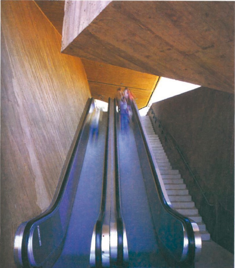 Daytime view of the Torres Tur / Martinez Lapena urban escalator climbing the hillside in Toledo, Spain
