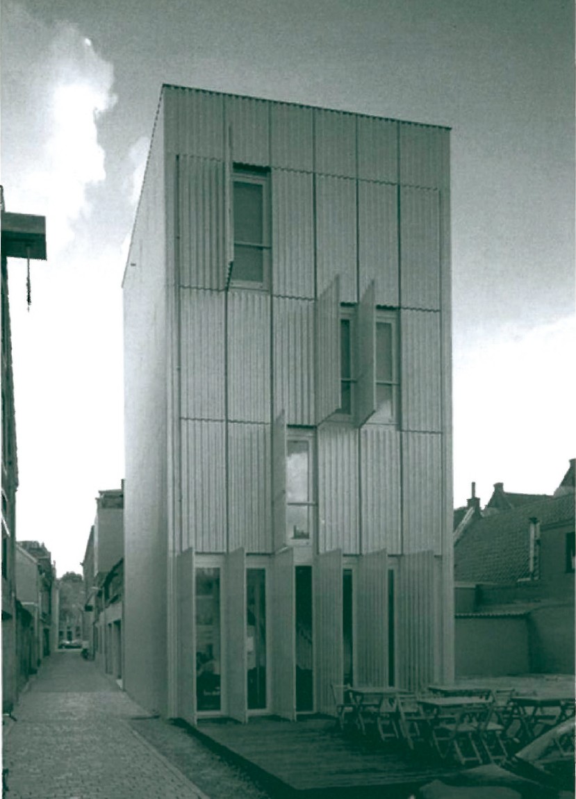 Bluemoon Hotel by FOA: a four-storey concrete cube on a 5x5 m plot, with six symmetrical ventilation openings on each storey