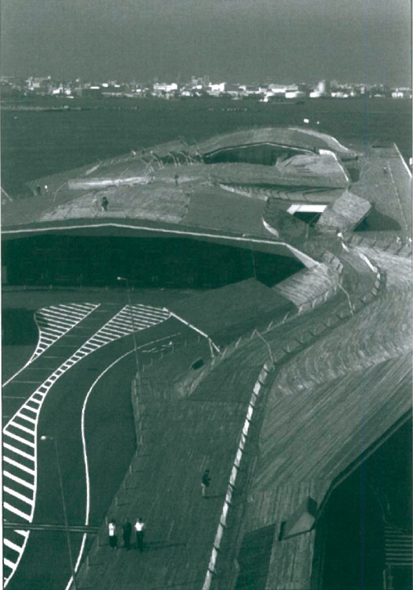 Aerial view of Yokohama International Port Terminal by FOA — multi-faceted folded surface that climbs and creates envelopes