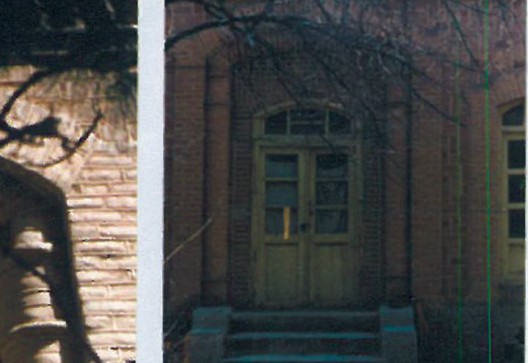 Two photographs from Example 1 in the Birjand survey: an arched window with a brick frame and decorative columns, and the building's entrance with stepped portico