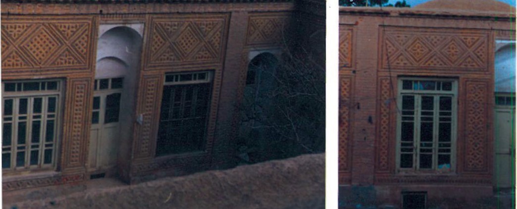 Two views of Example 2 from the Birjand survey: a brick patterned facade with arched-window detail and a window with checkerboard brick frame