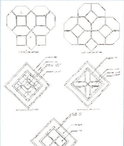 Five geometric brick-pattern compositions used on facades — square, octagonal and lozenge motifs combining stretcher and header courses