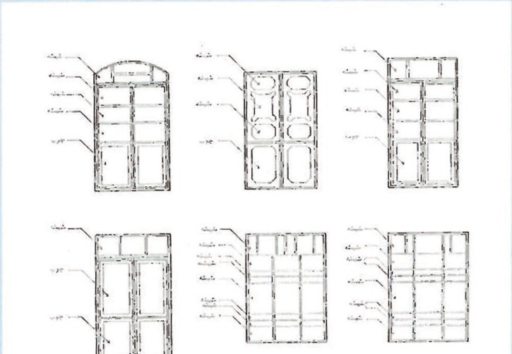 Schematic line drawings showing six different traditional door and window configurations in Birjand vernacular houses
