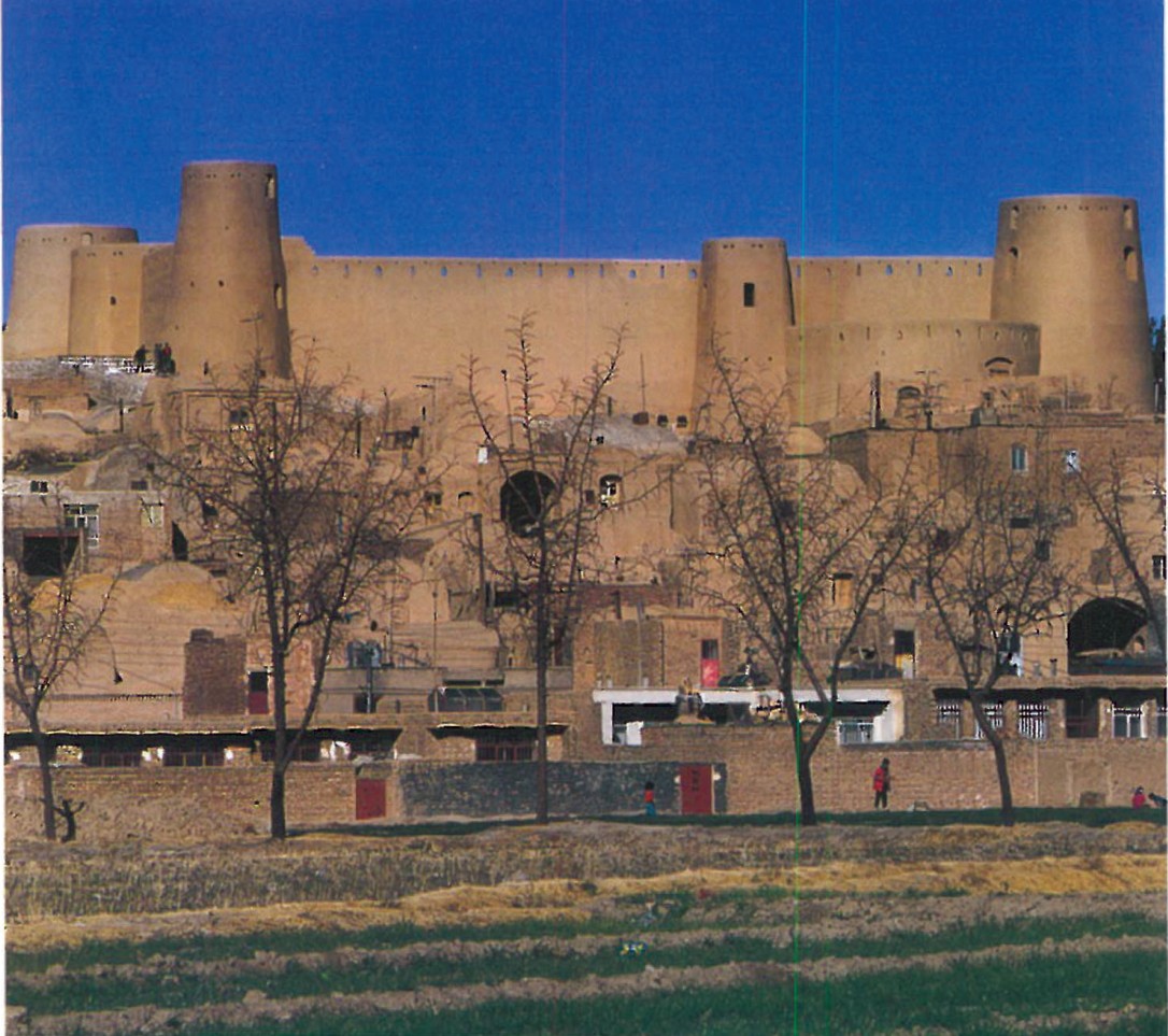 View of the restored Lower-Town castle (Qaleh-ye Pa'in-shahr) of Birjand: a long earth-and-brick rampart with circular bastion towers above a sloping foreground of houses and trees