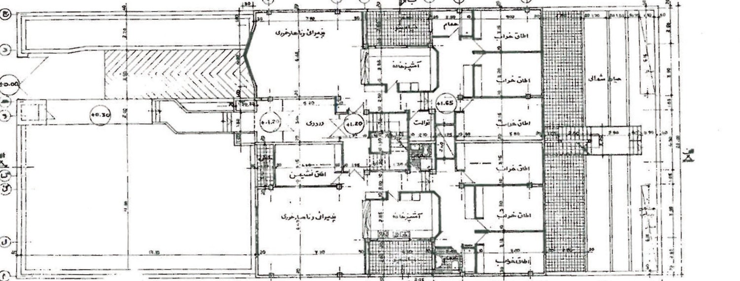 Architectural drawing of Building No. 57's ground-floor plan, showing entrance, parking ramp, depositories and two ground-level apartments