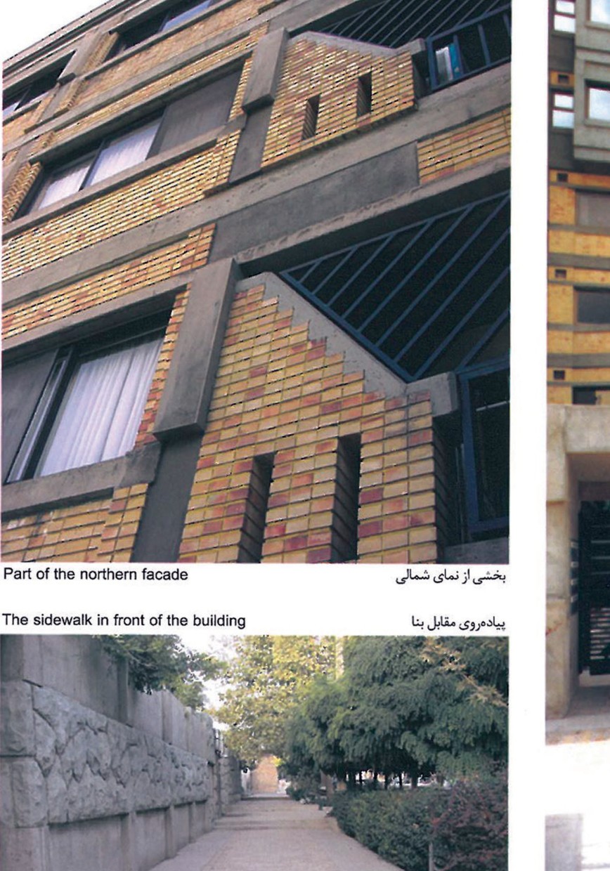 Detail of Building No. 57's northern facade showing layered yellow brick, concrete frames, and triangular bay-window infills
