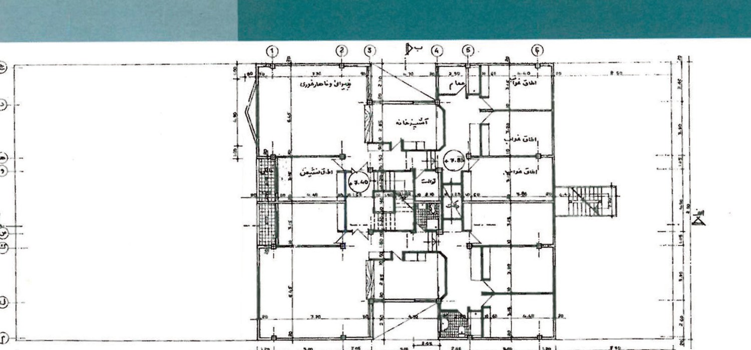 Architectural drawing of Building No. 57's second-floor plan, showing two apartment units per floor with kitchen, living room and bedroom corridor