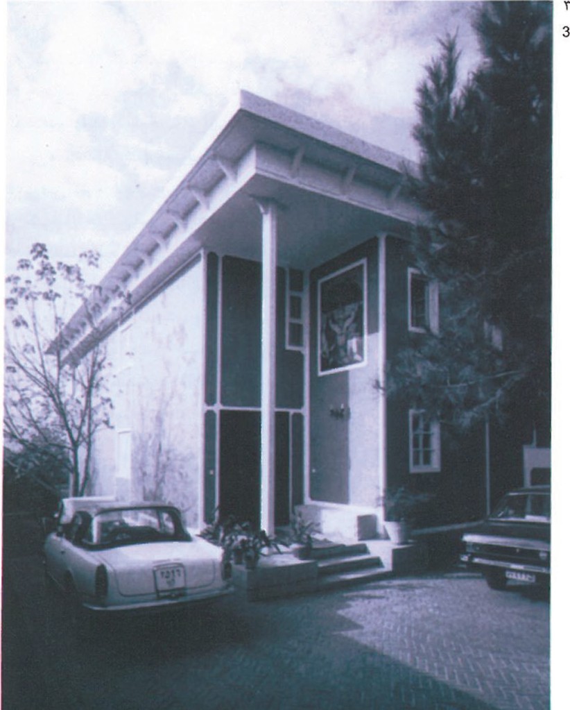 Two-storey house designed by Mohammadreza Moghtader for Sirous Farmanfarmaian — flat overhanging slab carried on slender columns, glazed entrance bay flanked by a tiled panel, with two cars parked on a brick driveway
