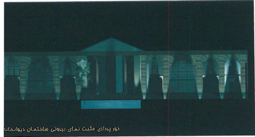 Night-time exterior rendering of the Heydarzadeh House courtyard with proposed atmospheric lighting — long arcaded facade with windows individually illuminated in cool tones against a dark blue sky
