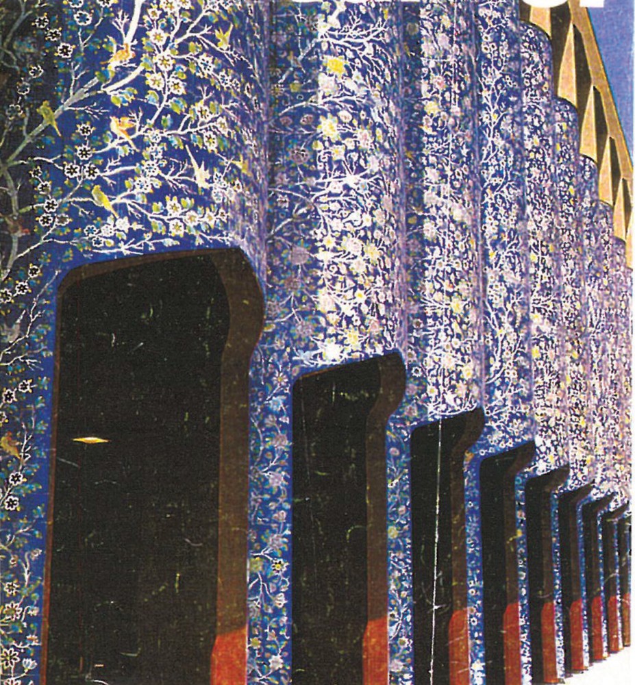 Iran Pavilion at Expo 67 Montreal — exterior corner view showing tall Persian arched portals lined with intricate blue-and-white floral tilework and the white 'montreal 67' emblem above