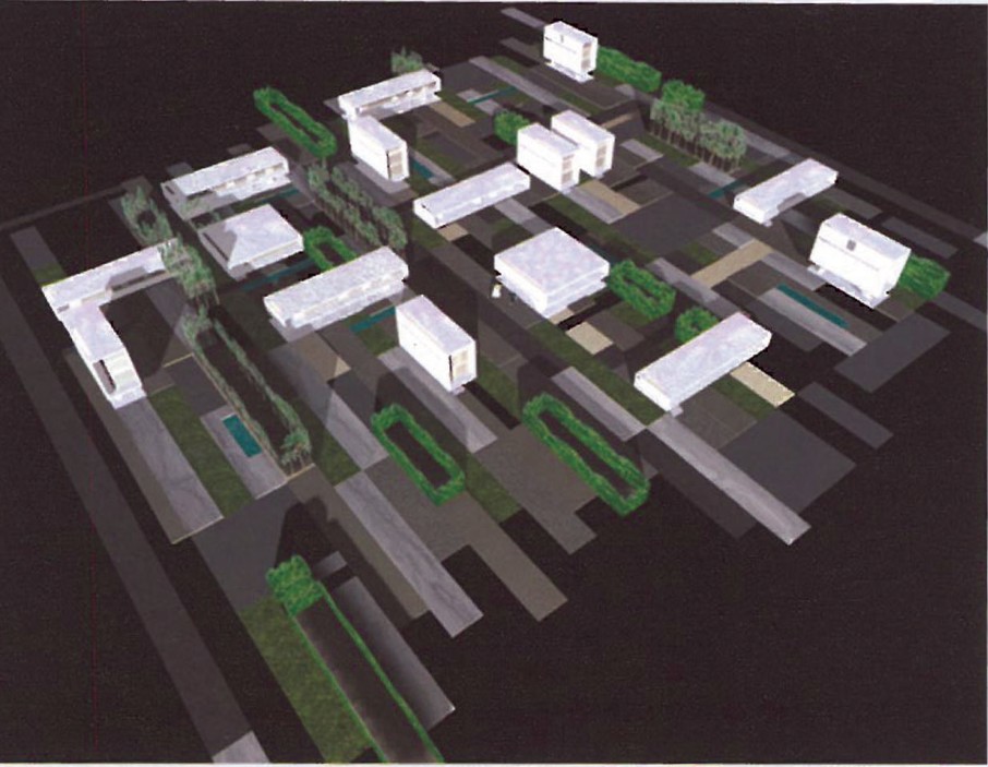 Aerial model view of the 1st place Design Core (4S) proposal showing villa massing and circulation