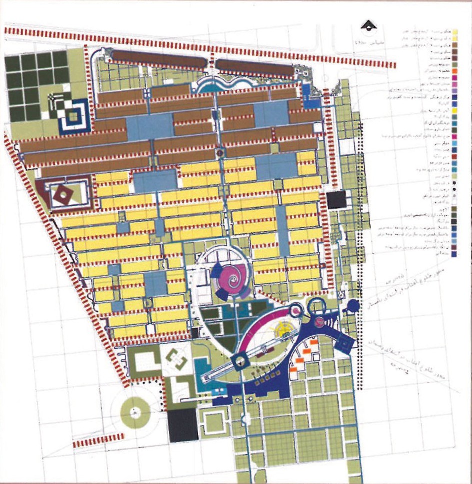Urban masterplan of the 3rd place Tandis Poormoghim entry showing layered streets, central plaza and waterfront edge