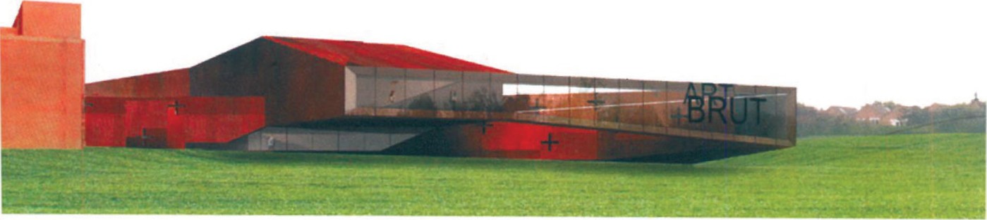 Red-clad museum proposal with prominent ART BRUT lettering on the glazed gallery wing by X-TU (Anouk Legendre, Nicolas Demazieres) for the Lille Modern Art Museum extension