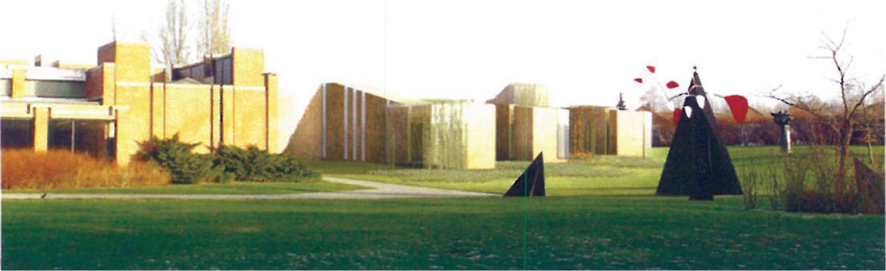 Simulated perspective rendering of the Manuelle Gautrand winning proposal for the Lille Modern Art Museum extension, with Calder mobile in the museum garden