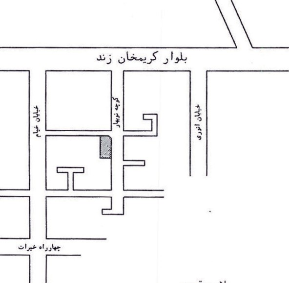 Site plan of the Armenian church compound — annotated map showing its position between Karim Khan Zand Boulevard, Khayyam Street, Nobahar Alley and Anvari Street