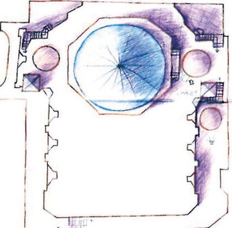Architect's hand-drawn upper-level floor plan of the church — central oval-domed nave flanked by side chambers, in pink and grey wash on white