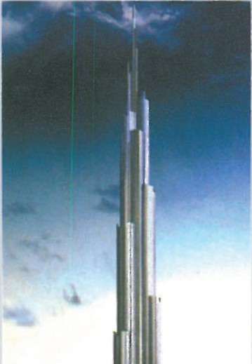 Architectural rendering of the world's tallest tower in Dubai — slender ribbed shaft tapering to a needle spire above a low-rise base, against a blue dawn sky