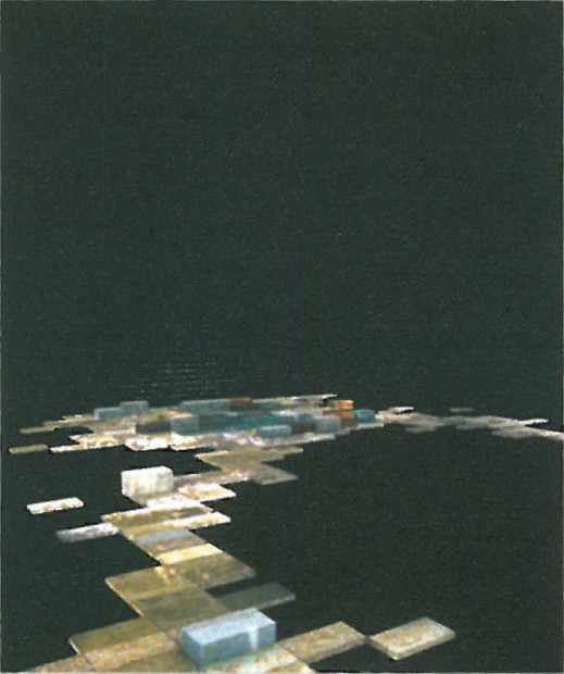 Architectural rendering of a memorial design — abstract scattered platforms and translucent slabs floating in dark space with reflective surfaces