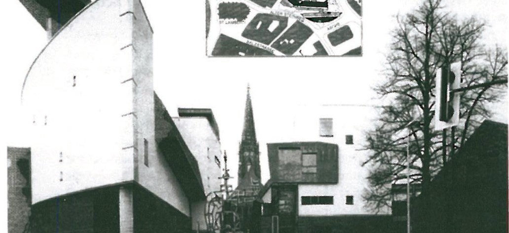 Wilson architects' City Library in Muenster (1987-1993) — pair of sculpted volumes meeting across a passage between the cathedral cluster and other historic buildings