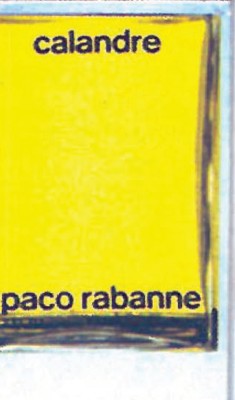 Paco Rabanne Calandre yellow perfume bottle with brushed-silver Pierre-Dinand-designed armature, 1967